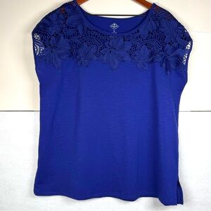 St Johns Bay Violet Blue Open Floral Embroidered Lace Yoke Blouse Top Womens XL
